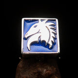 Excellent crafted Men's Chess Ring Horse Head Blue - Sterling Silver - BikeRing4u