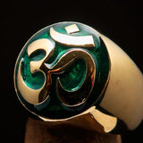 Nicely crafted domed Men's Buddhist Ring Green Aum Symbol - Solid Brass - BikeRing4u