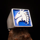 Excellent crafted Men's Chess Ring Horse Head Blue - Sterling Silver - BikeRing4u