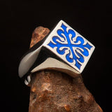 Excellent crafted Men's Blue Fleur de Lis Cross Ring - Sterling Silver - BikeRing4u
