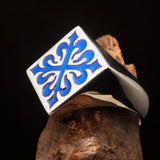Excellent crafted Men's Blue Fleur de Lis Cross Ring - Sterling Silver - BikeRing4u