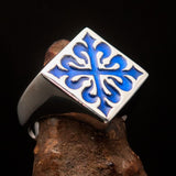 Excellent crafted Men's Blue Fleur de Lis Cross Ring - Sterling Silver - BikeRing4u