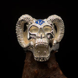 Excellent crafted Men's blue 1% Ram Skull Outlaw Ring - Sterling Silver - BikeRing4u
