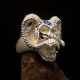Excellent crafted Men's blue 1% Ram Skull Outlaw Ring - Sterling Silver - BikeRing4u