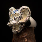 Excellent crafted Men's blue 1% Ram Skull Outlaw Ring - Sterling Silver - BikeRing4u