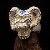 Excellent crafted Men's blue 1% Ram Skull Outlaw Ring - Sterling Silver - BikeRing4u