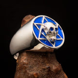 Excellent crafted Men's Biker Ring Blue Hebrew Skull - Sterling Silver - BikeRing4u