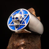 Excellent crafted Men's Biker Ring Blue Hebrew Skull - Sterling Silver - BikeRing4u