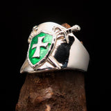 Crossed Swords Men's green Knights Templar Cross Ring - Sterling Silver - BikeRing4u