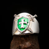 Crossed Swords Men's green Knights Templar Cross Ring - Sterling Silver - BikeRing4u