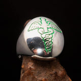 Excellent crafted Men's Green Medical Doctor Seal Ring - Sterling Silver - BikeRing4u