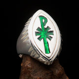 Ancient Men's Christian Monogram Cross Ring green Chi Rho XP - Sterling Silver - BikeRing4u