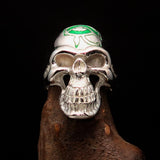 Excellent crafted Men's Skull Ring Green Eye of Ra - Sterling Silver - BikeRing4u