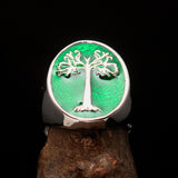 Excellent crafted Men's green oval Tree of Life Ring - Sterling Silver - BikeRing4u