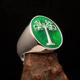 Excellent crafted Men's green oval Tree of Life Ring - Sterling Silver - BikeRing4u