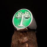 Excellent crafted Men's green oval Tree of Life Ring - Sterling Silver - BikeRing4u