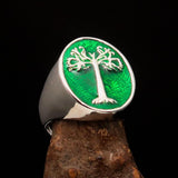 Excellent crafted Men's green oval Tree of Life Ring - Sterling Silver - BikeRing4u