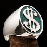 Excellent crafted Men's Currency Ring US Dollar Symbol Green - Sterling Silver - BikeRing4u