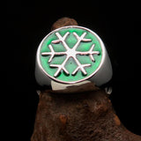 Excellent crafted Men's Winter Ring green Snowflake - Sterling Silver - BikeRing4u