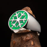 Excellent crafted Men's Winter Ring green Snowflake - Sterling Silver - BikeRing4u