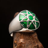 Nicely crafted domed Men's Heptagram Ring green Heptagon - Sterling Silver - BikeRing4u