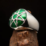 Nicely crafted domed Men's Heptagram Ring green Heptagon - Sterling Silver - BikeRing4u
