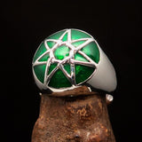 Nicely crafted domed Men's Heptagram Ring green Heptagon - Sterling Silver - BikeRing4u