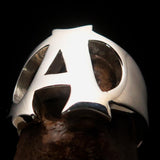 Mirror polished Men's Sterling Silver Initial Ring one bold Letter A - BikeRing4u