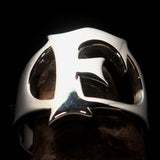 Mirror polished Men's Sterling Silver Initial Ring one bold Letter F - BikeRing4u