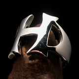 Mirror polished Men's Sterling Silver Initial Ring one bold Letter H - BikeRing4u