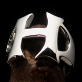 Mirror polished Men's Sterling Silver Initial Ring one bold Letter H - BikeRing4u