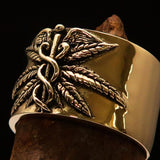 Excellent crafted Men's Medical Weed Ring Marihuana Leaf - Solid Brass - BikeRing4u