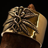 Excellent crafted Men's Medical Weed Ring Marihuana Leaf - Solid Brass - BikeRing4u
