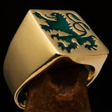 Perfectly crafted Men's Rampant Lion Ring Green - Solid Brass - BikeRing4u