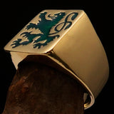 Perfectly crafted Men's Rampant Lion Ring Green - Solid Brass - BikeRing4u