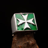 Perfectly crafted Men's Biker Ring Maltese Cross Green - Sterling Silver - BikeRing4u