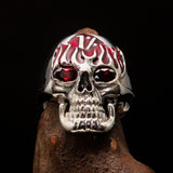 Excellent crafted Men's 1% Flaming Skull Outlaw Ring red CZ Eyes Enamel - Sterling Silver - BikeRing4u