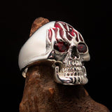 Excellent crafted Men's 1% Flaming Skull Outlaw Ring red CZ Eyes Enamel - Sterling Silver - BikeRing4u