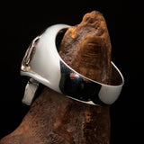 Excellent crafted Men's 1% Flaming Skull Outlaw Ring red CZ Eyes Enamel - Sterling Silver - BikeRing4u