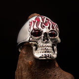Excellent crafted Men's 1% Flaming Skull Outlaw Ring red CZ Eyes Enamel - Sterling Silver - BikeRing4u