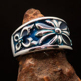 Nicely crafted domed Men's Fleur de Lis Ring Blue - Sterling Silver - BikeRing4u