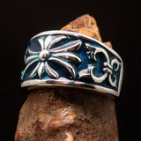 Nicely crafted domed Men's Fleur de Lis Ring Blue - Sterling Silver - BikeRing4u