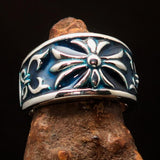 Nicely crafted domed Men's Fleur de Lis Ring Blue - Sterling Silver - BikeRing4u