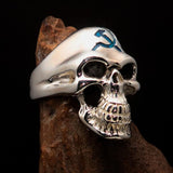 Excellent crafted Men's Communist Skull Ring Blue Hammer Sickle - Sterling Silver - BikeRing4u