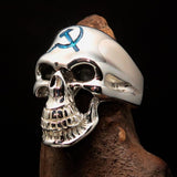 Excellent crafted Men's Communist Skull Ring Blue Hammer Sickle - Sterling Silver - BikeRing4u
