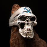 Excellent crafted Men's Communist Skull Ring Blue Hammer Sickle - Sterling Silver - BikeRing4u