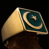 Perfectly crafted Men's Ring Crescent Moon and Star Green - Solid Brass - BikeRing4u