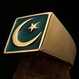 Perfectly crafted Men's Ring Crescent Moon and Star Green - Solid Brass - BikeRing4u