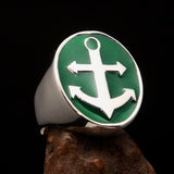Perfectly crafted Men's Sailor Ring Big Anchor green - Sterling Silver - BikeRing4u