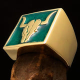 Perfectly crafted Men's Cowboy Ring Bull Skull Green - Solid Brass - BikeRing4u